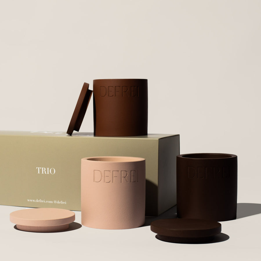 Sustainable packaging trio gift set of scented candles resting on top and next to the TRIO box GIFT SET box showing LOBBY, AMOR and VANNILE